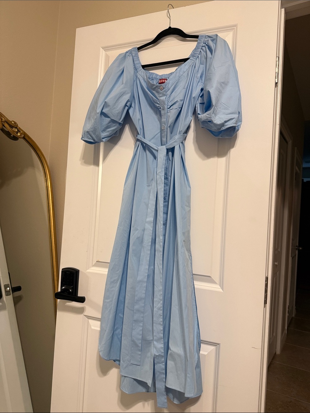 STAUD Light Blue Puff-Sleeve Maxi Dress with Tie Waist